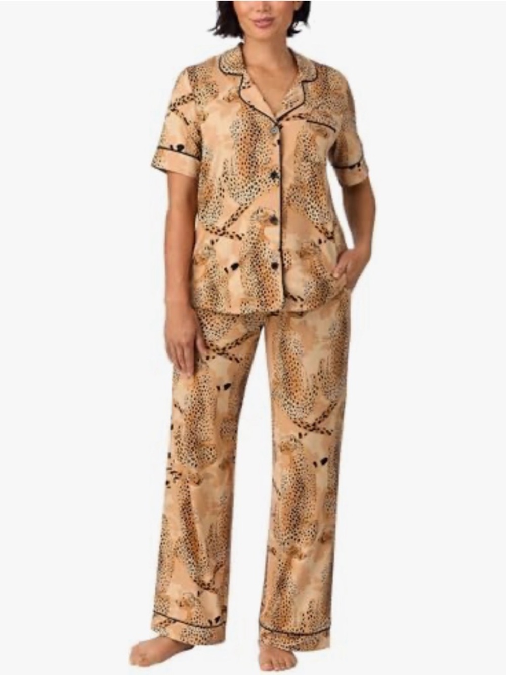 Leopard Collar Pajama Set - Beige & Black